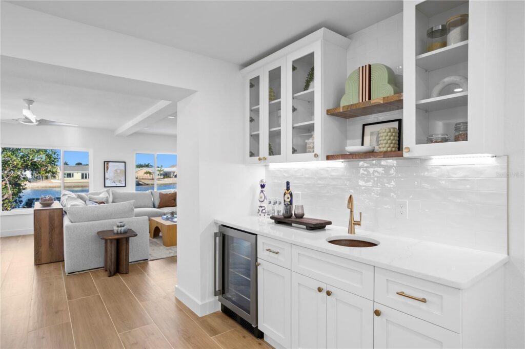 Walk-in pantry with custom shelving and built-in storage.